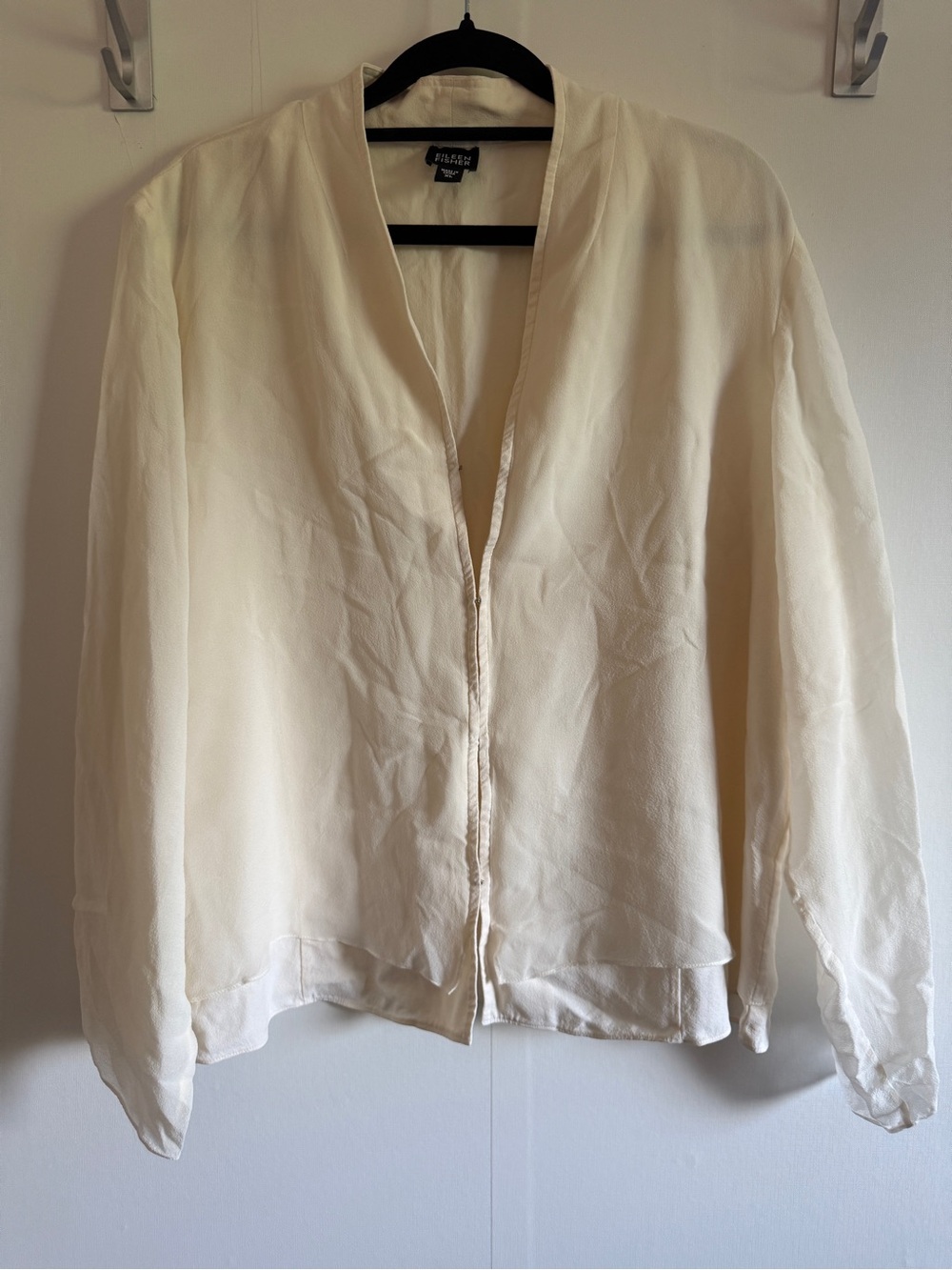 Eileen Fisher 100% Silk Ivory Hook Front Blouse Jacket XL Minimalist